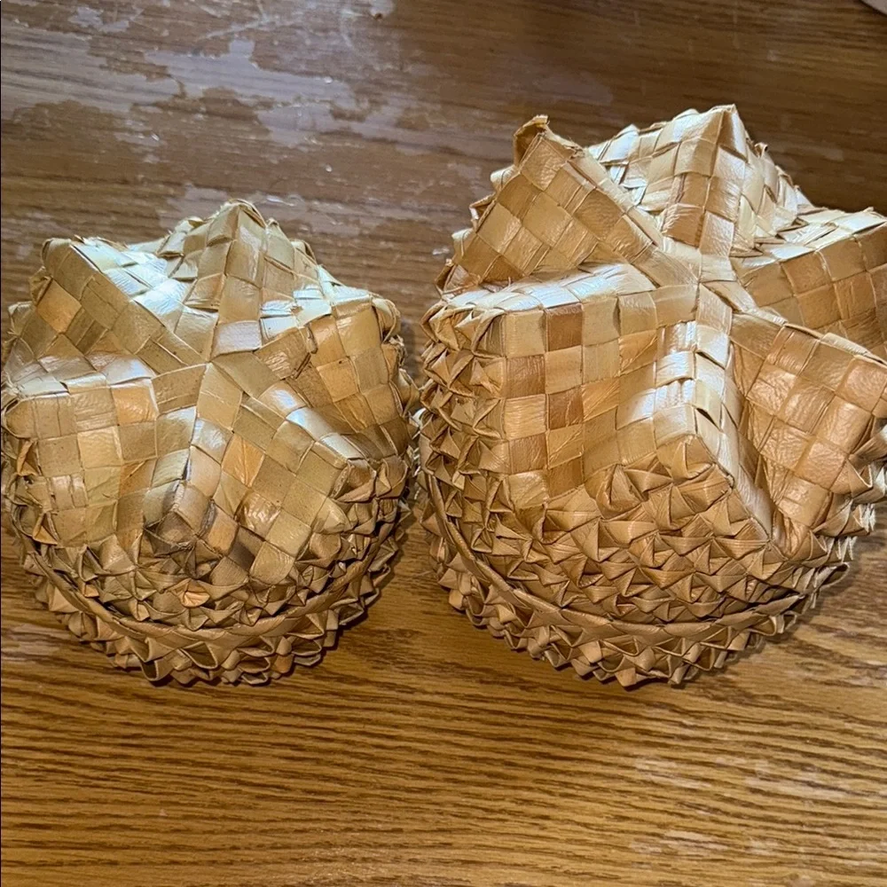 Vintage lauhala leaf Hawaiian star Storage Basket Set x2